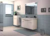 A modern bathroom with a sink, vanity, and a trash can. Anteprima dell’immagine prodotto