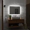 A modern bathroom vanity with a rectangular LED mirror, sink, and towels. Produktbild-Vorschau