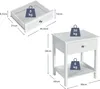 Diagrams showing the dimensions and weight capacity of a white bedside table and its drawer. Podgląd zdjęcia produktu