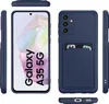 Multiple views of a blue phone case with a card slot, displayed against a white background. Produktbild-Vorschau