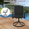 A black swivel chair is shown on a wooden deck next to a swimming pool. The image includes text overlays highlighting the chair's features. Produktbild-Vorschau