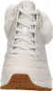 Front view of a beige Skechers sneaker with white laces and faux fur trim. Voir les images du produit