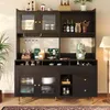 A dark brown hutch-style cabinet with glass doors and gold accents, filled with various items like coffee bags, bottles, glassware, and kitchenware. Produktbild-Vorschau