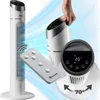 Collage of a tower fan and its remote control, with a hand holding the fan's handle and a digital display showing temperature. Náhled obrázku produktu