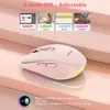 A pink wireless mouse with RGB lighting is displayed on a pink surface, with marketing text and graphics above it. Produktbild-Vorschau