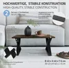 A coffee table with black X-shaped legs is shown in a living room setting, with text overlays highlighting product features. Podgląd zdjęcia produktu