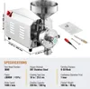 A VEVOR commercial grinder with specifications and dimensions shown. The product is a stainless steel grinder with a hopper and a dispensing chute. Accessories like a screwdriver, wrench, and brush are included. Produktbild-Vorschau