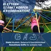 Two children are playing on a blue and yellow dome climber in a grassy outdoor area. Produktbild-Vorschau