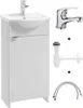 A white bathroom vanity with a sink and faucet, along with separate plumbing components and flexible hoses, displayed against a white background. Produktbild-Vorschau