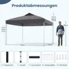 Diagram showing the dimensions of a pop-up canopy tent with a person for scale, and illustrations of included accessories. Náhled obrázku produktu