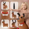 A child is playing with a brown dog-shaped inflatable toy, with multiple close-up shots of the toy and a pump shown in separate panels. Náhled obrázku produktu