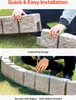 Two images showing the installation process of stone-look garden edging. The top image shows interlocking pieces being connected, and the bottom image shows spikes being driven into the ground to secure the edging. Voir les images du produit