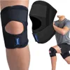 A collage of images showing a black knee brace from different angles and on a person. Produktbild-Vorschau