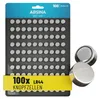A package of 100 ABSINA AG13 LR44 alkaline button cell batteries, with two individual batteries shown to the right. Produktbild-Vorschau