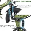 Close-up views of an electric bicycle's suspension system, highlighting its features. Produktbild-Vorschau