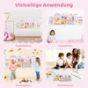 A collage of four images showing a pink wooden activity wall for toddlers in different settings: a bedroom, a playroom, a kindergarten, and a living room. Produktbild-Vorschau