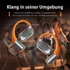 Two open-ear Bluetooth headphones are displayed in the foreground, with three people in the background who appear to be characters from a video game. Produktbild-Vorschau