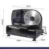 A black electric slicer with dimensions indicated by text overlays. Produktbild-Vorschau