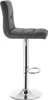 A side view of a gray upholstered bar stool with a chrome base and footrest. Náhľad obrázku produktu