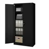 A black metal storage cabinet with its left door open, displaying organized shelves filled with files, binders, and a box. Voir les images du produit