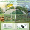 A split image showing a chicken coop in sunny and rainy conditions, with close-ups of its features. Produktbild-Vorschau