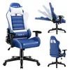 A collage of images showing a blue and white gaming chair from different angles, including a demonstration of its reclining feature. Produktbild-Vorschau