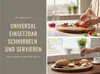 A collage showing a wooden cutting board being used for food preparation and serving. Produktbild-Vorschau
