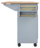A side view of a blue kitchen island with a wooden countertop and yellow accents. Podgląd zdjęcia produktu