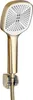 A gold-colored shower head with a white faceplate and black nozzles, mounted on a gold bracket. Produktbild-Vorschau