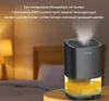 A dehumidifier is shown in a bedroom setting, with text describing its features. Produktbild-Vorschau
