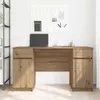 A wooden desk with a laptop and some office supplies on top, set against a white wall with a pegboard. Produktbild-Vorschau