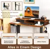 A desk setup with a computer, keyboard, and accessories, showcasing different features of the desk. Produktbild-Vorschau