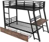 A black metal bunk bed with a desk and drawers, shown against a white background. Voir les images du produit