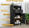 A black bathroom cabinet with various storage features highlighted by text overlays. Anteprima dell’immagine prodotto