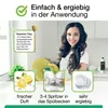 A woman is smiling while doing dishes, with product features highlighted with text and graphics. Produktbild-Vorschau