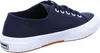 A side view of a navy blue Superga sneaker with a white sole and a brown rubber outsole. Produktbild-Vorschau
