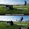 Two split images showing a soccer training device in use on a grass field. Voir les images du produit
