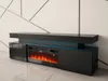 A modern black TV stand with an integrated electric fireplace, set against a white wall with geometric lines. Produktbild-Vorschau