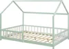 A children's house bed frame with a slatted mattress base and a partial railing on the sides, set against a white background. Produktbild-Vorschau