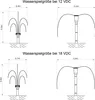 Diagrams showing water spray patterns and dimensions for a fountain pump at different voltage levels. Produktbild-Vorschau