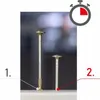 Two construction screws are shown, one longer than the other, with numbers 1 and 2 pointing to them. A stopwatch icon is in the top right corner. Produktbild-Vorschau