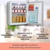 A collage of images showcasing a mini-refrigerator and its features, along with informational text and icons. Produktbild-Vorschau