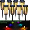 A collection of solar-powered garden lights with a flickering flame effect, displayed on a white background, with a separate section showing the lights in various colors on a dark ground. Produktbild-Vorschau