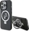 A black iPhone case with a Karl Lagerfeld design and a ring stand is shown from two angles against a white background. Produktbild-Vorschau