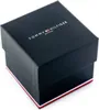 A dark blue Tommy Hilfiger watch box with the brand logo and name printed on the lid. Voir les images du produit