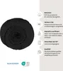 A rolled-up black fitted sheet is shown next to a list of product features and certifications. Produktbild-Vorschau