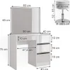 A diagram showing the dimensions of a white high-gloss vanity table and stool. Podgląd zdjęcia produktu