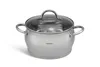 A stainless steel pot with a glass lid and handles, presented on a white background. Produktbild-Vorschau