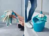 A collage showing a mop head being assembled and a person using a mop and bucket. Náhľad obrázku produktu