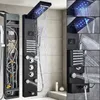 A collage of images showing a black stainless steel shower panel with LED lights and multiple shower functions. Náhľad obrázku produktu